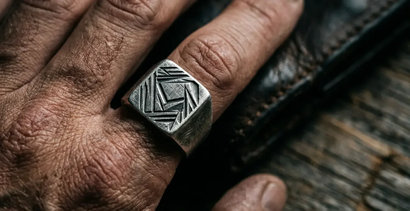 Gros plan sur une chevalière masculine moderne avec finition brossée et motifs géométriques gravés