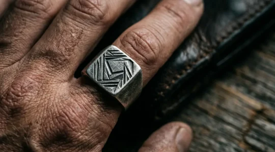 Gros plan sur une chevalière masculine moderne avec finition brossée et motifs géométriques gravés