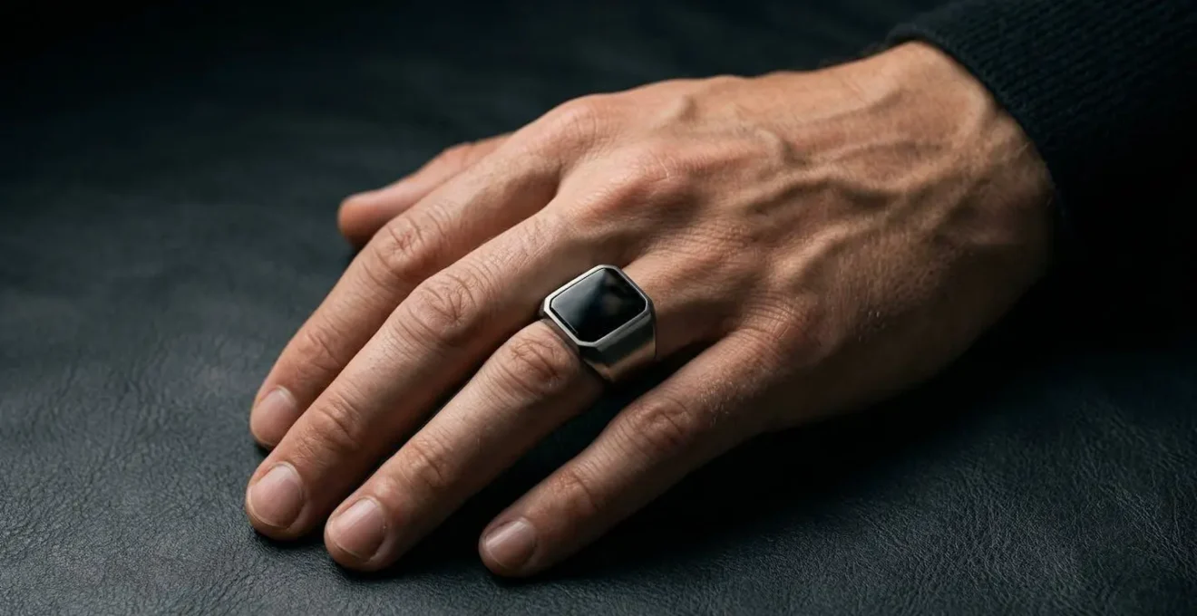 Chevalière masculine sertie d'onyx noir sur main d'homme avec éclairage dramatique