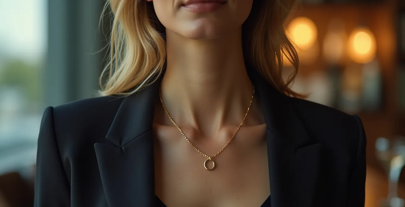 Choker en or fin transformable porté dans un contexte professionnel élégant
