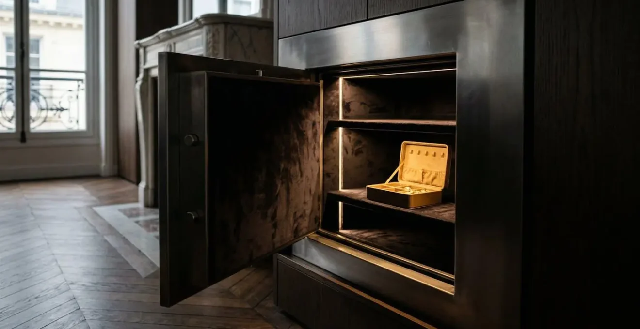 Coffre-fort élégant entrouvert révélant un écrin à bijoux dans une lumière dorée