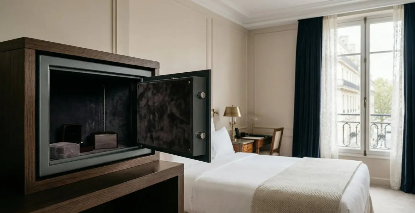 Coffre-fort d'hôtel de luxe entrouvert révélant un écrin à bijoux