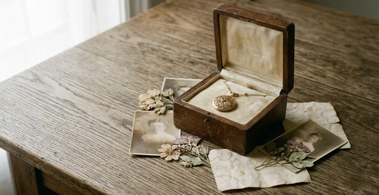 Écrin en bois précieux ouvert révélant un bijou patrimonial avec documents d'authenticité, évoquant la transmission familiale