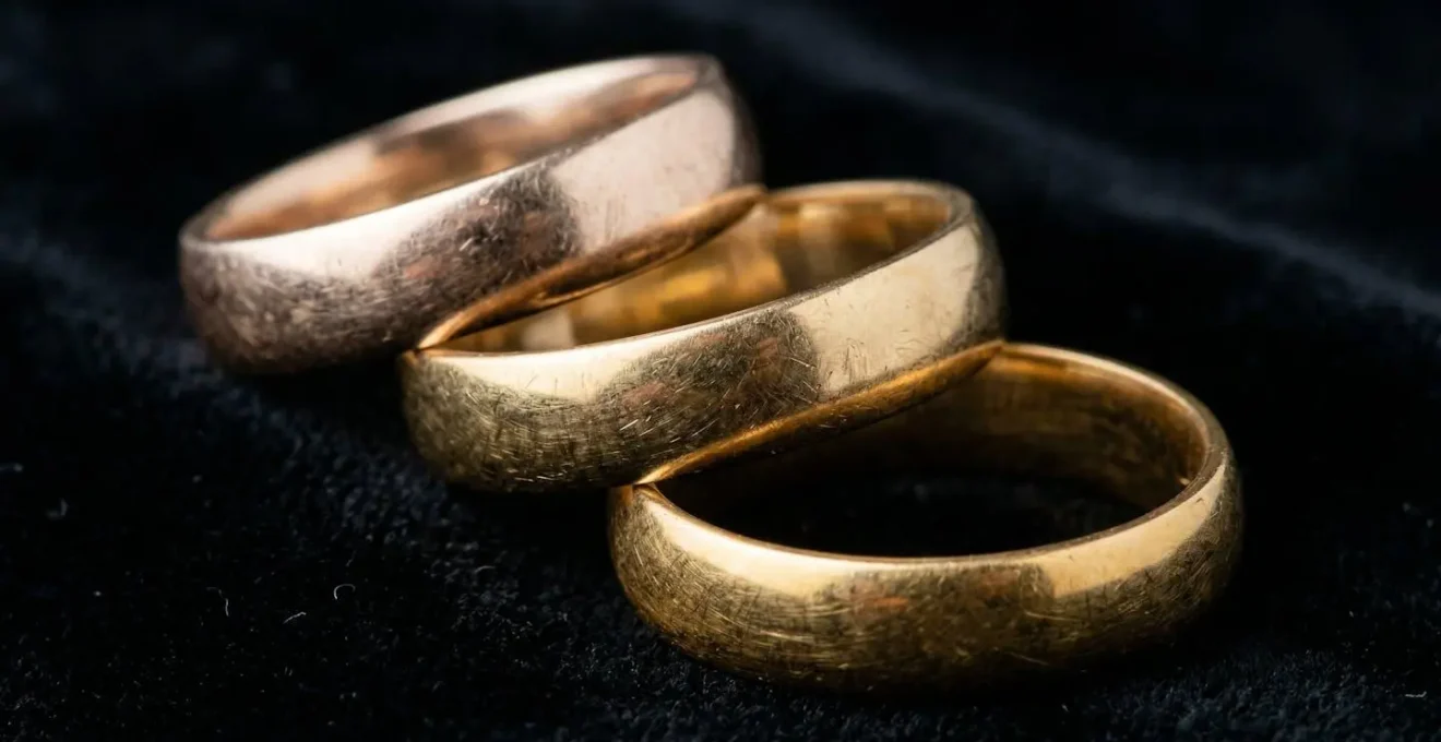Trois anneaux en or de différents carats montrant les variations de couleur et de brillance