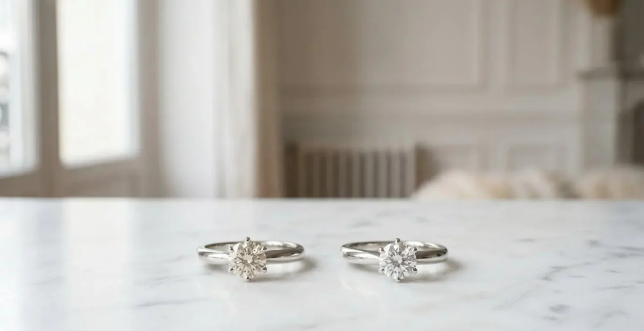 Comparaison visuelle entre diamants de couleur I et J montés sur or blanc sous lumière naturelle