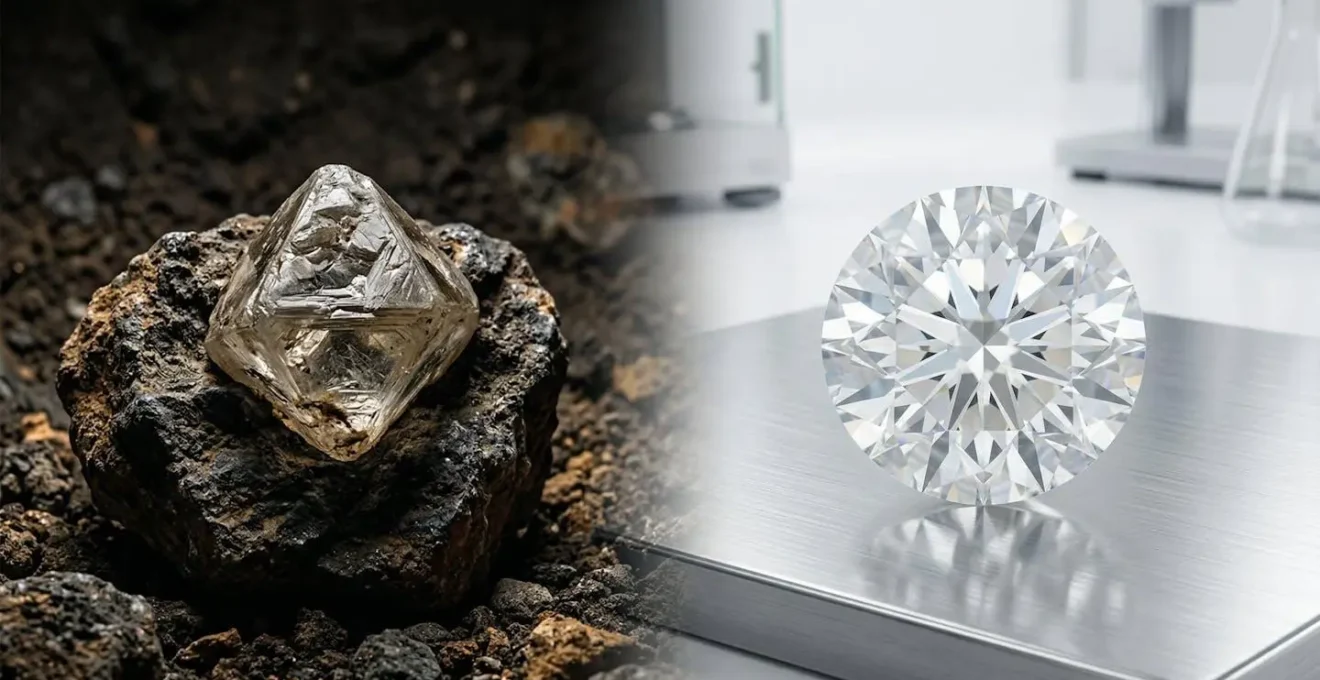 Diamant naturel brut et diamant de laboratoire poli côte à côte sur surface réfléchissante