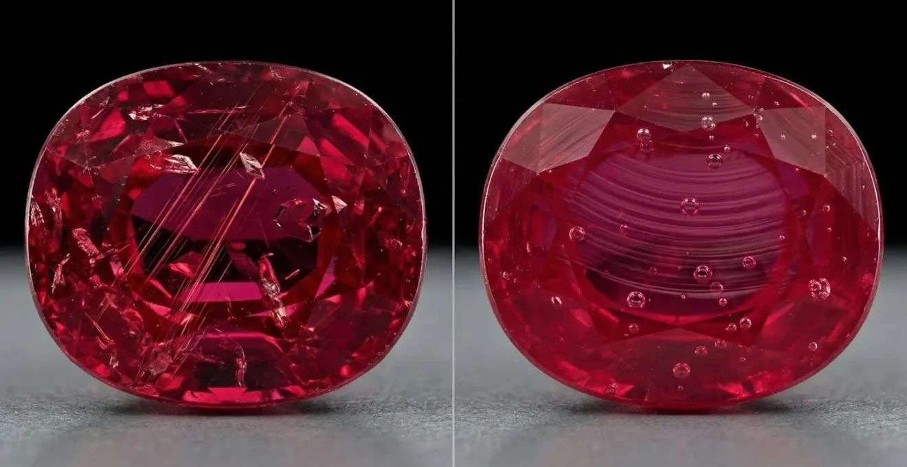 Comparaison microscopique entre les inclusions d'un rubis naturel et les lignes courbes d'un rubis synthétique