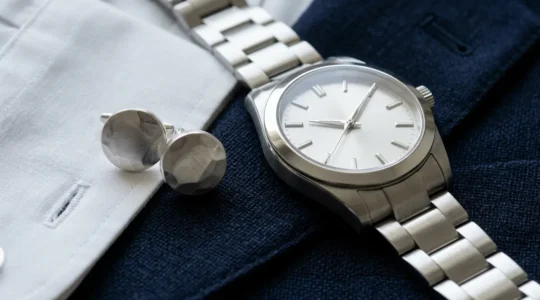 Gros plan sur une montre en acier et des boutons de manchette harmonisés avec un costume bleu élégant