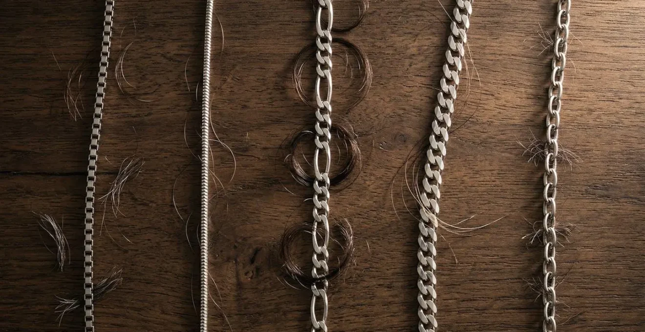 Comparaison détaillée de différentes mailles de chaînes sur torse masculin poilu