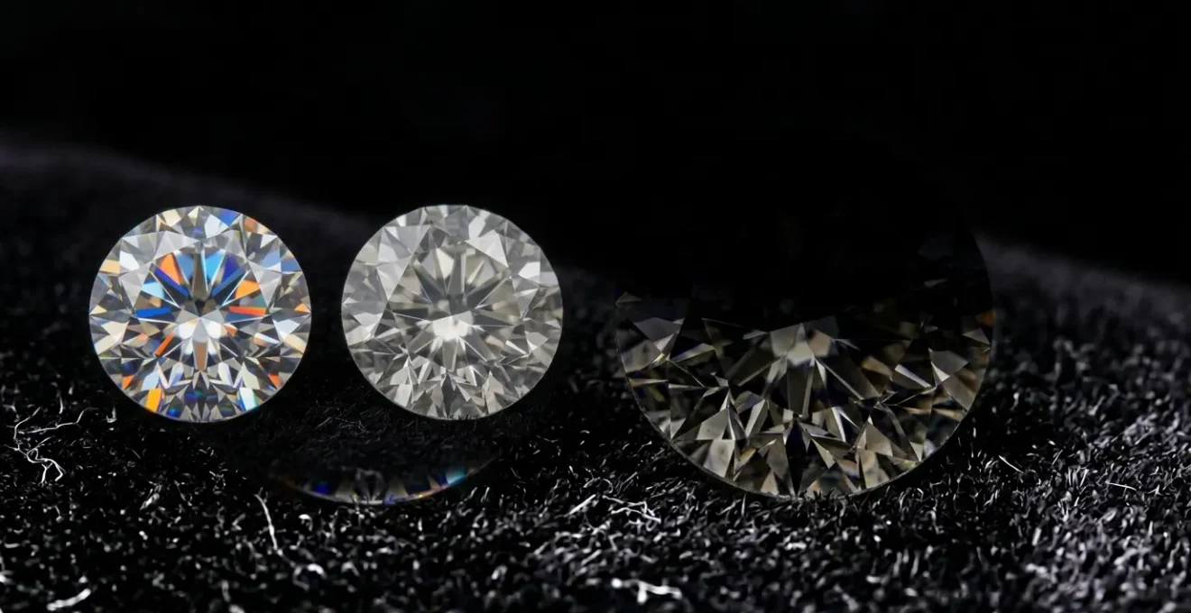 Comparaison visuelle de diamants avec différents critères de qualité sous éclairage professionnel