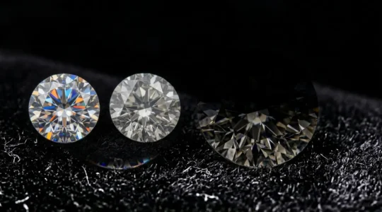 Comparaison visuelle de diamants avec différents critères de qualité sous éclairage professionnel