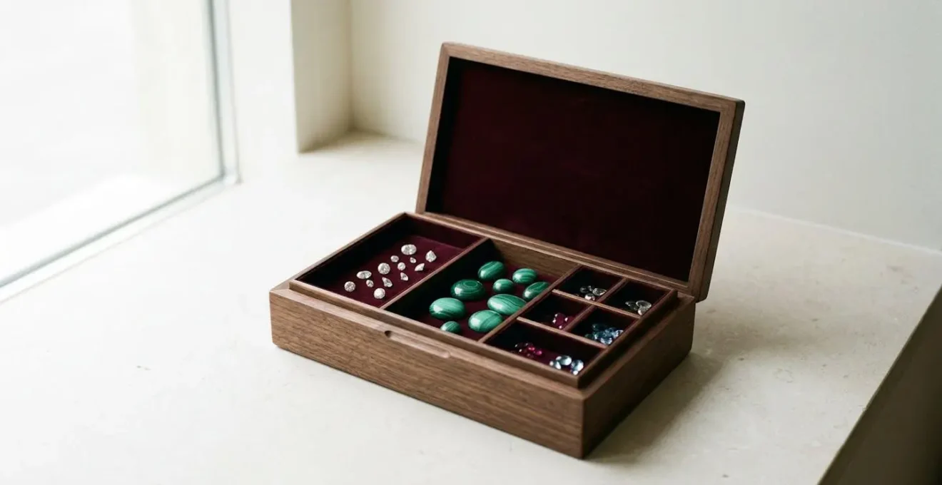 Vue d'ensemble d'une boîte à bijoux compartimentée en bois avec différentes pierres rangées séparément