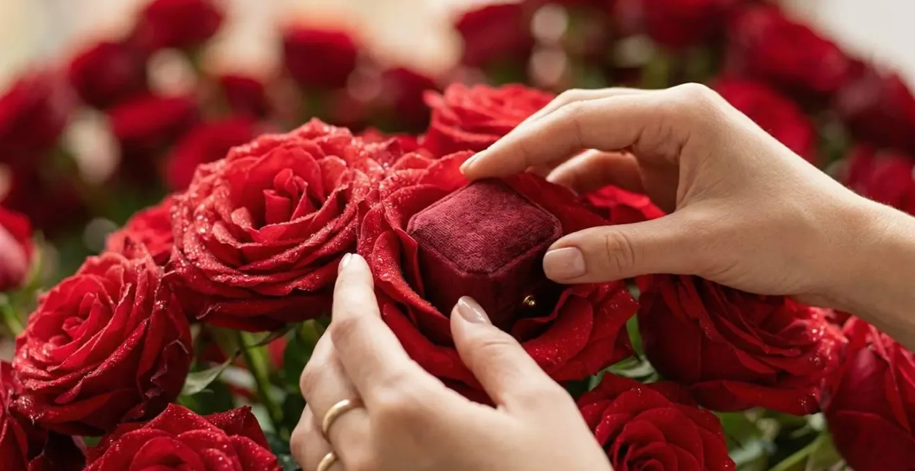 Écrin de bijou dissimulé dans un bouquet de roses rouges épanouies