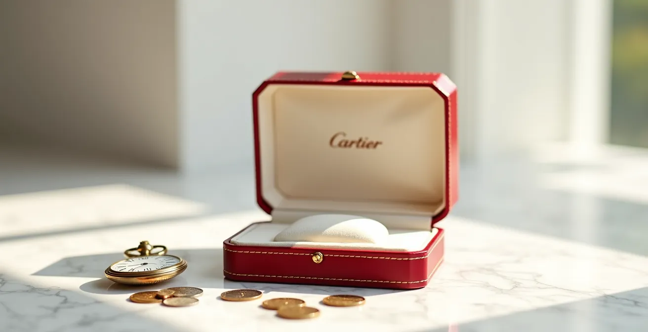 Écrin Cartier rouge iconique posé sur surface de marbre avec reflets dorés