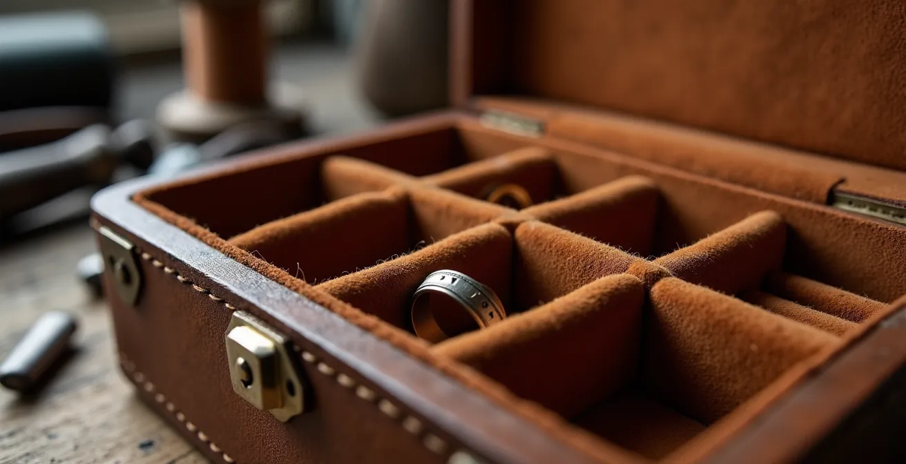 Écrin en cuir patiné avec compartiments à bijoux sur établi d'artisan