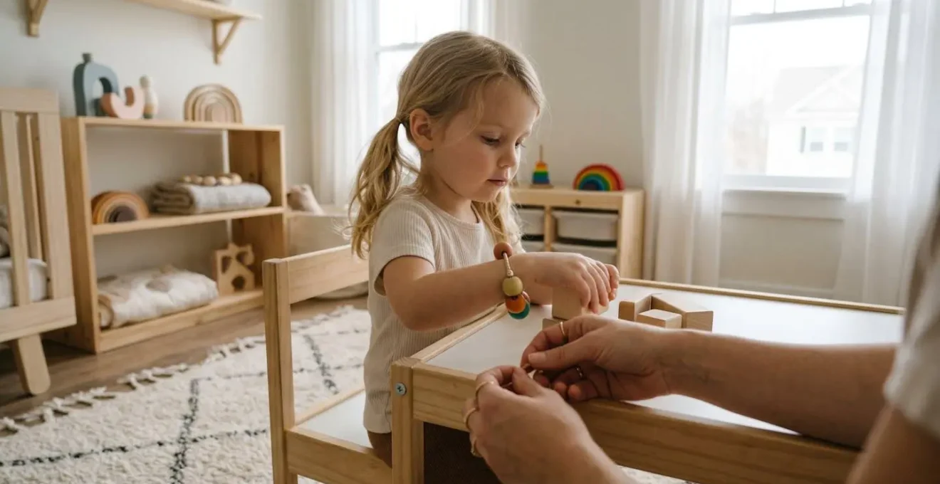 Petite fille de 5 ans portant un bracelet à breloques sécurisé sous supervision