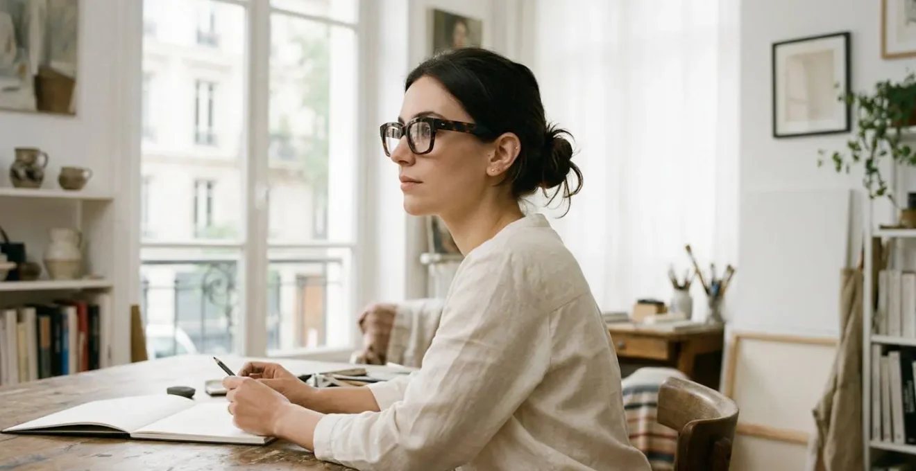 Portrait montrant l'équilibre entre lunettes épaisses et boucles d'oreilles discrètes