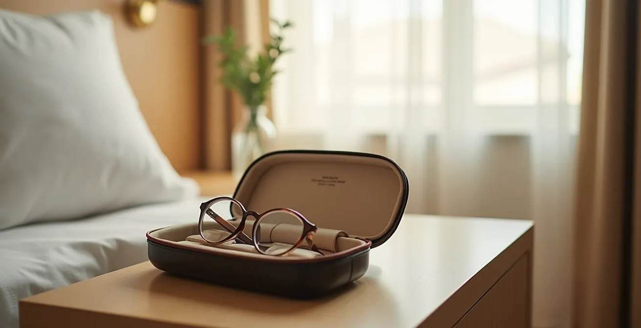 Étui à lunettes ordinaire ouvert révélant des bijoux soigneusement rangés dans une chambre d'hôtel
