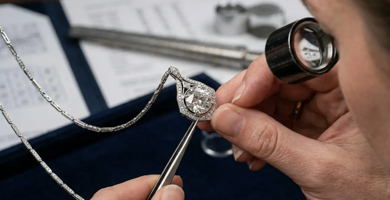 Expert examinant un collier de diamants avec une loupe dans un bureau parisien