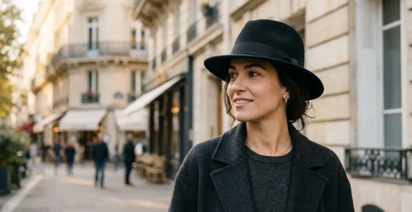 Femme portant un fedora noir dans une rue parisienne avec architecture haussmannienne