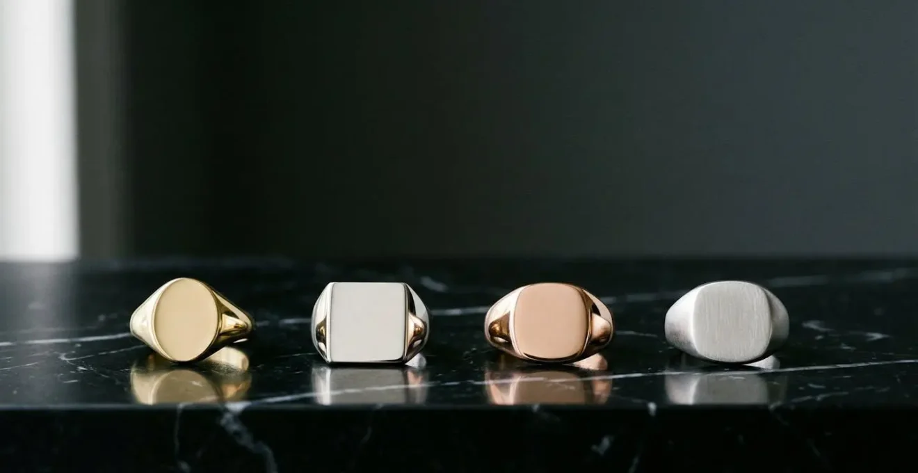 Quatre chevalières de formes différentes posées sur une surface en marbre noir