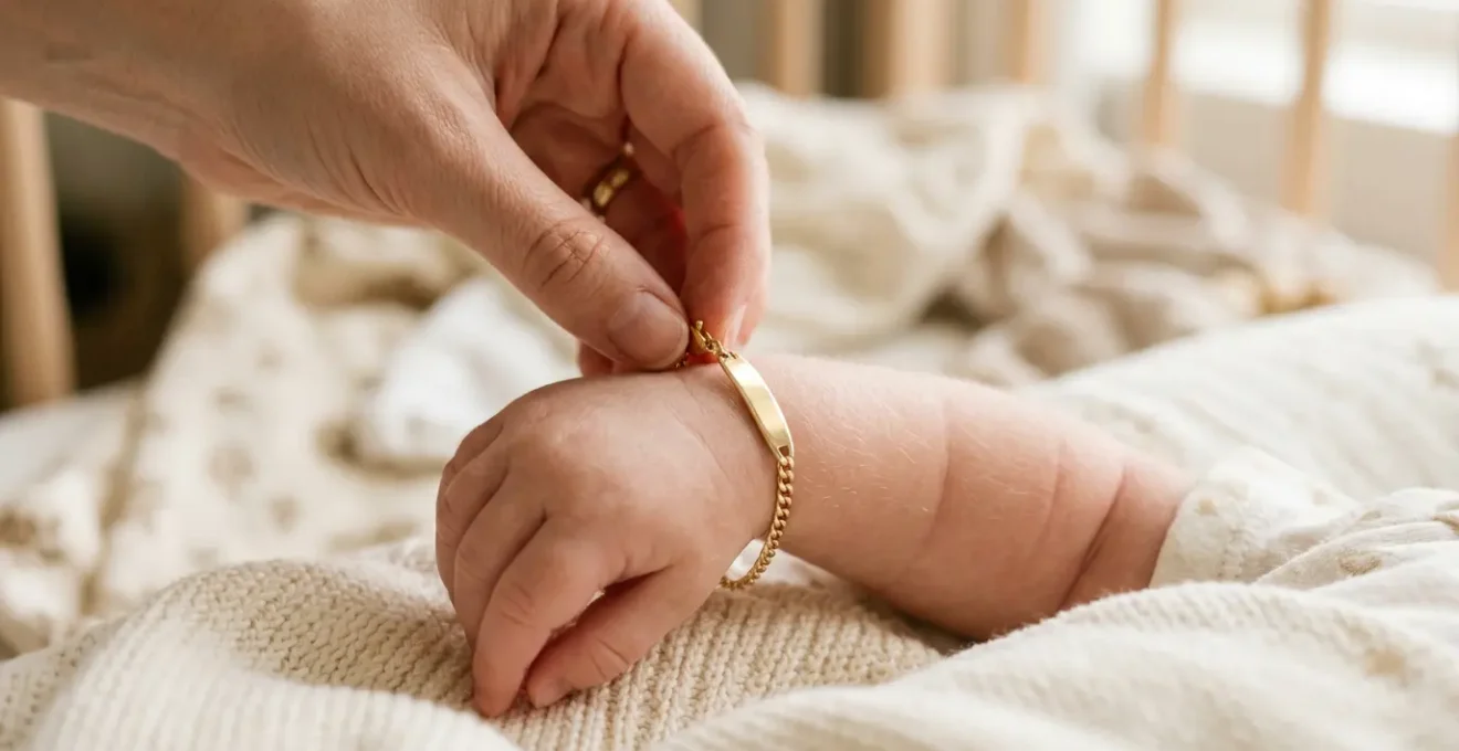 Poignet de bébé portant une gourmette dorée avec lumière douce