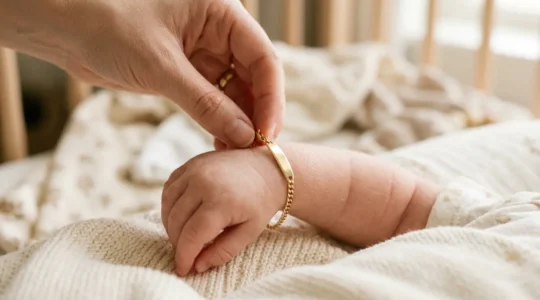 Poignet de bébé portant une gourmette dorée avec lumière douce