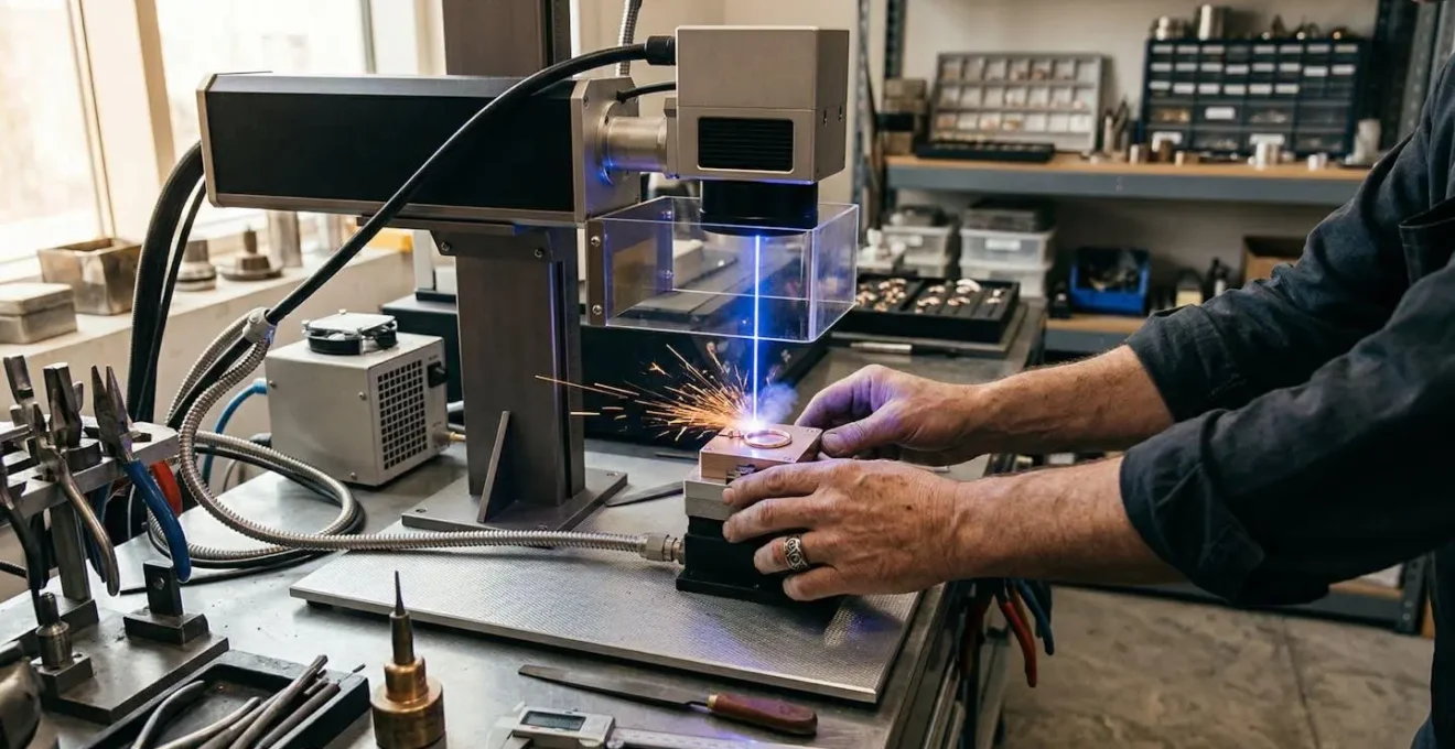 Gros plan sur le processus de gravure laser d'un pendentif doré