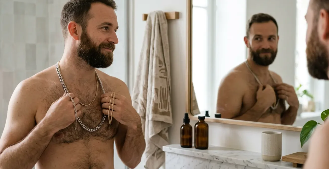 Homme barbu examinant différentes épaisseurs de chaînes en or et argent devant un miroir