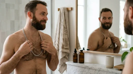 Homme barbu examinant différentes épaisseurs de chaînes en or et argent devant un miroir
