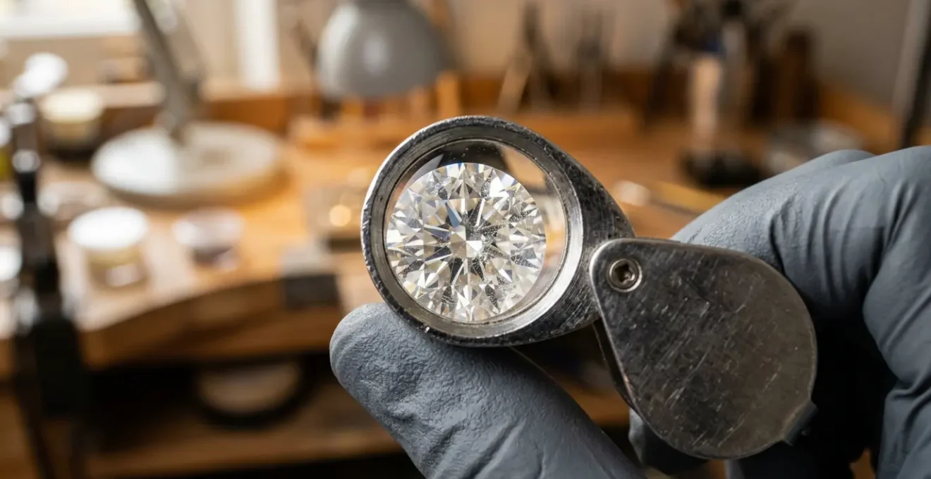 Expertise d'un diamant à la loupe dans une bijouterie française pour examiner les inclusions VS1 et SI2
