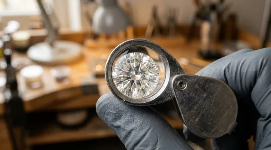 Expertise d'un diamant à la loupe dans une bijouterie française pour examiner les inclusions VS1 et SI2