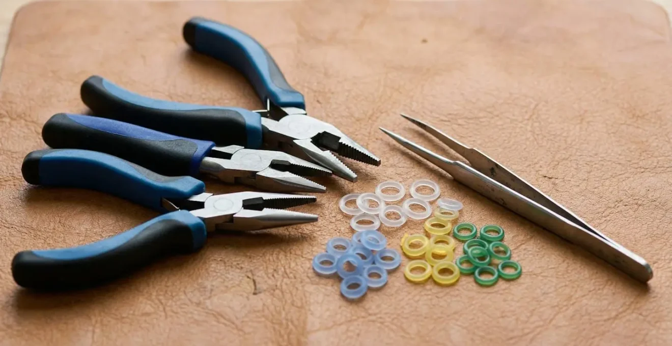 Gros plan sur un kit d'outils de bijouterie avec pinces et anneaux en silicone