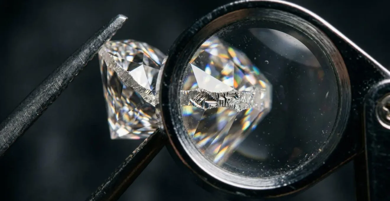 Gros plan macro d'une loupe de bijoutier examinant le rondiste d'un diamant avec inscription laser visible