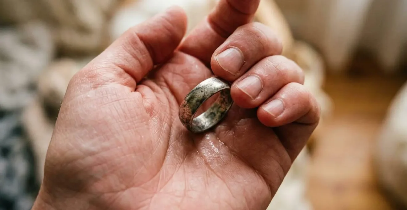 Gros plan sur une main tenant délicatement une bague en argent partiellement oxydée, avec des traces de transpiration visibles