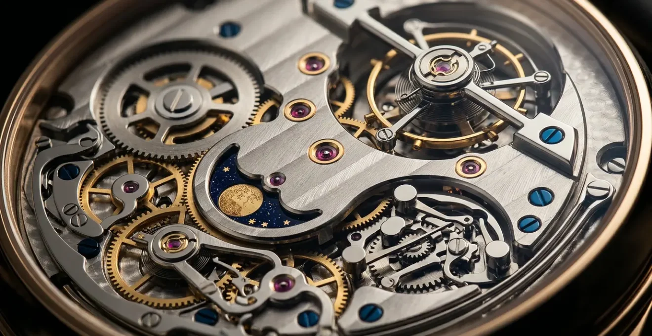 Mécanisme complexe d'une montre de haute horlogerie avec vue détaillée sur les complications mécaniques