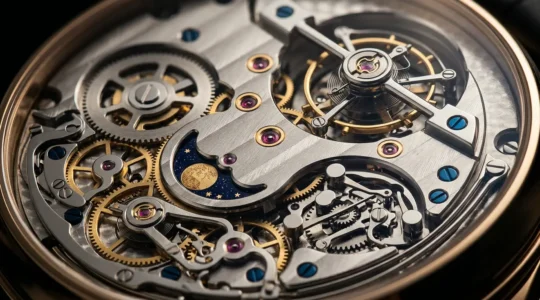 Mécanisme complexe d'une montre de haute horlogerie avec vue détaillée sur les complications mécaniques