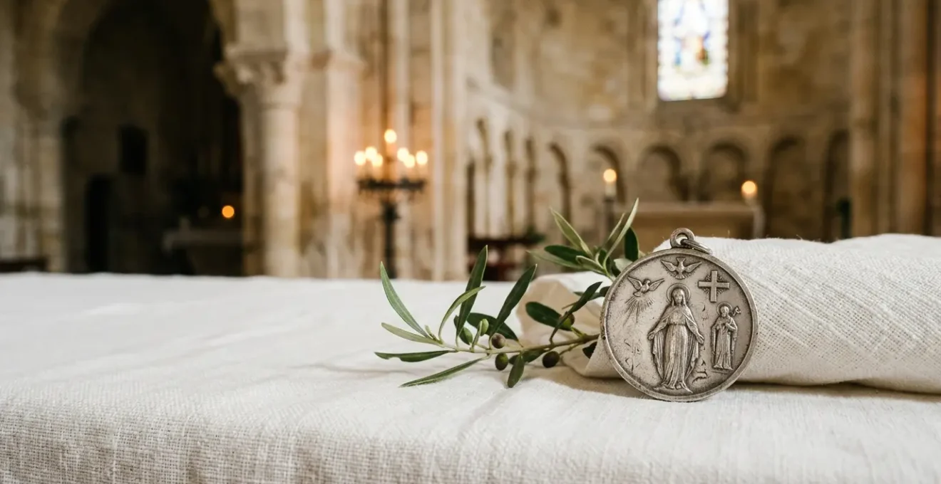 Médaille de baptême dorée avec finition satinée posée sur un tissu de lin blanc, éclairée par une lumière naturelle douce