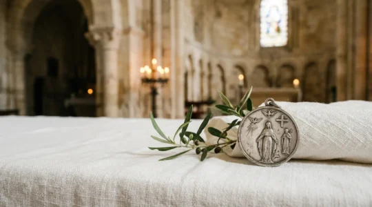 Médaille de baptême dorée avec finition satinée posée sur un tissu de lin blanc, éclairée par une lumière naturelle douce