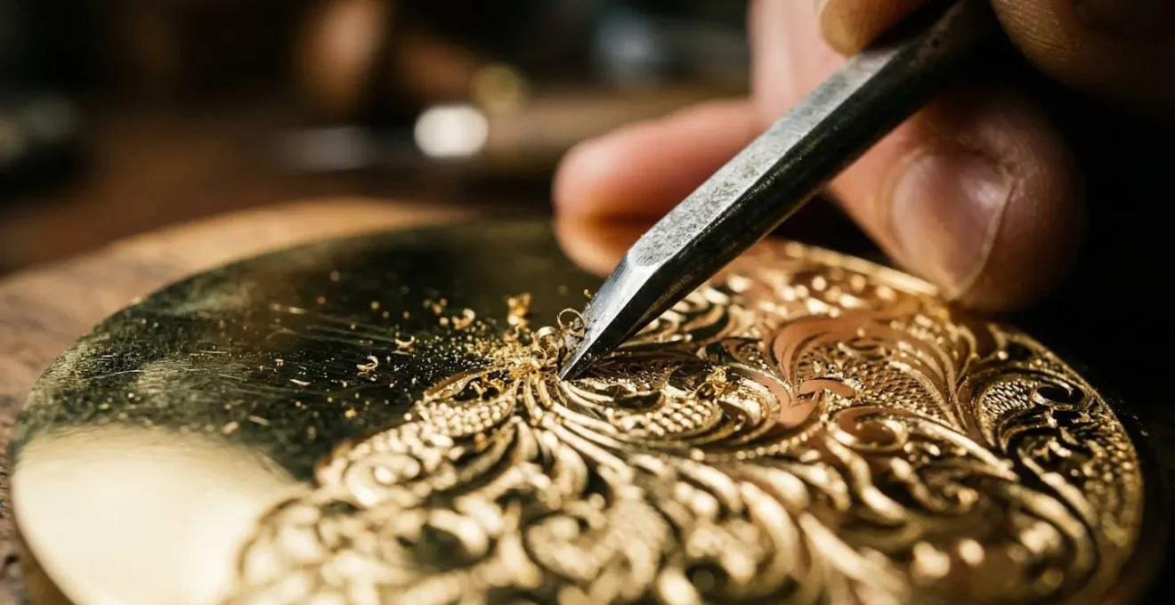 Vue macro d'une médaille en or blanc avec gravure délicate en cours de réalisation par un artisan