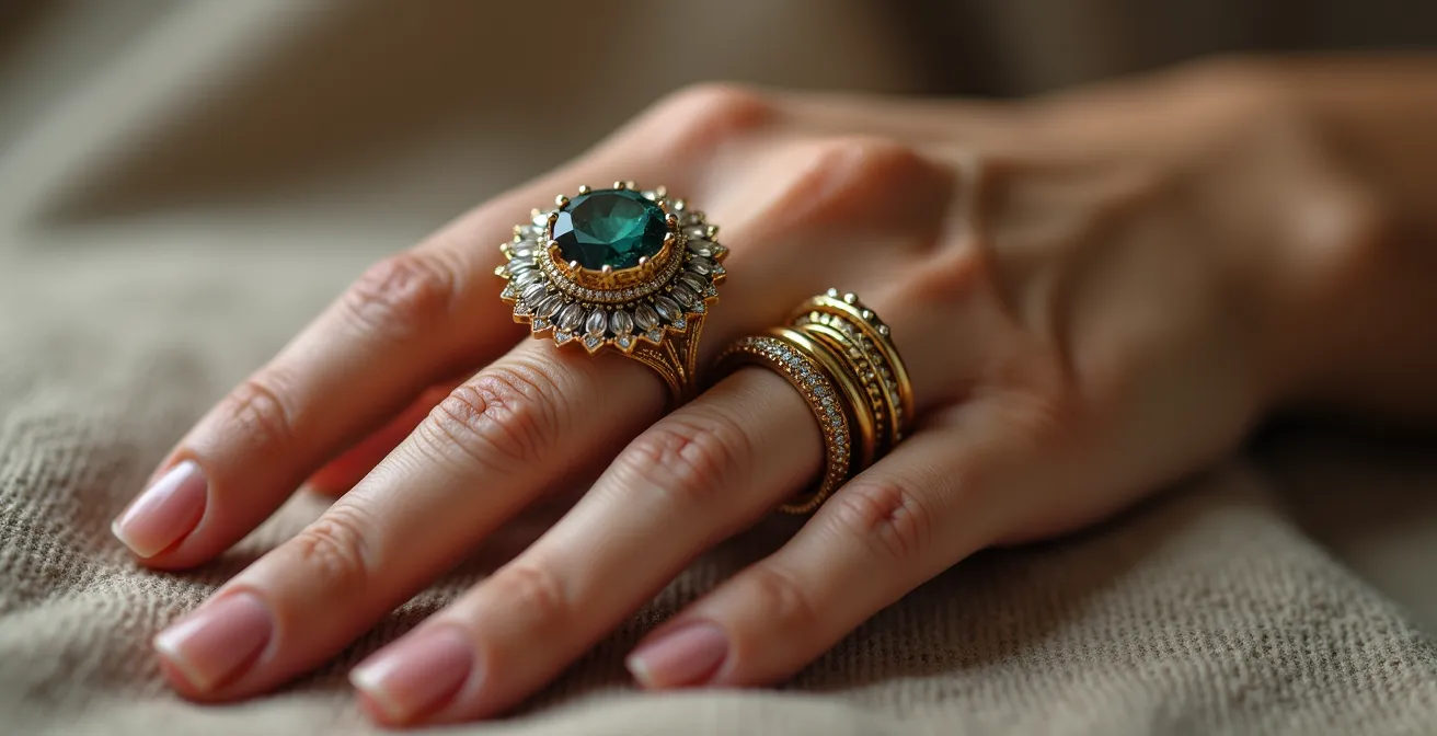 Main féminine portant une bague Art Déco vintage avec bracelet contemporain minimaliste sur fond neutre