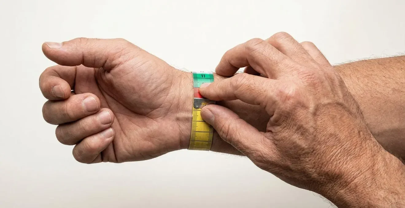 Main masculine mesurant précisément le tour de poignet avec un mètre ruban au niveau de l'articulation