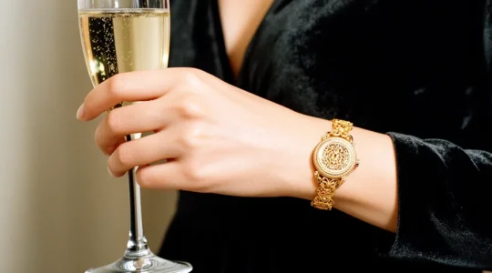 Femme élégante avec montre bijou en soirée dans un décor parisien raffiné
