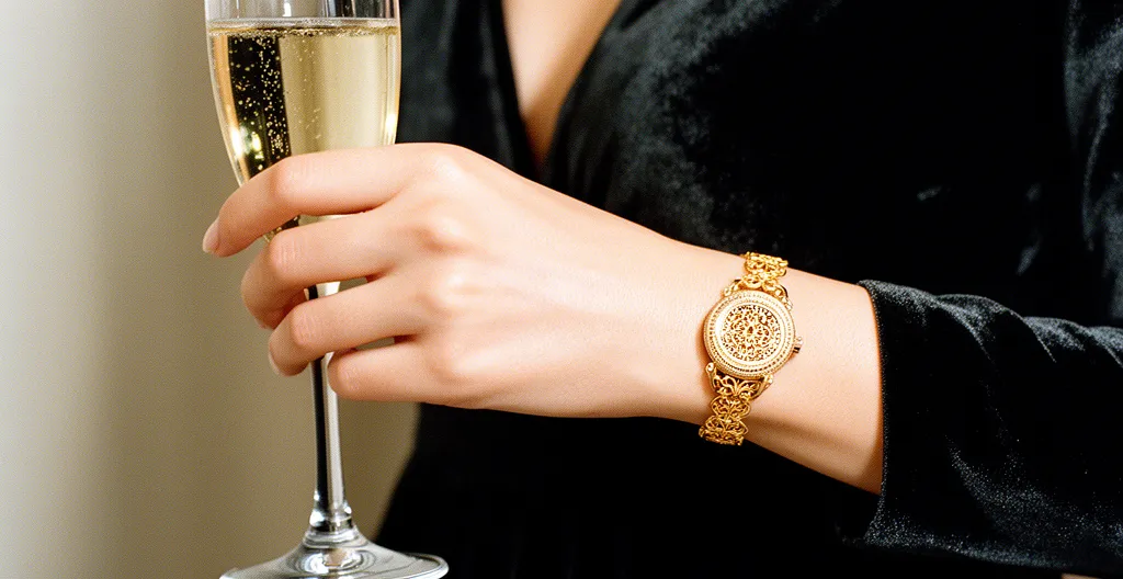 Femme élégante avec montre bijou en soirée dans un décor parisien raffiné