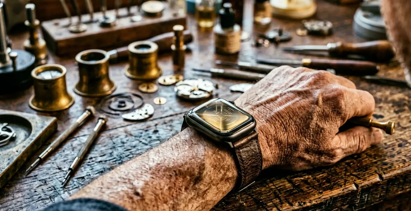 Montre connectée de luxe sur poignet dans un atelier d'horloger traditionnel français