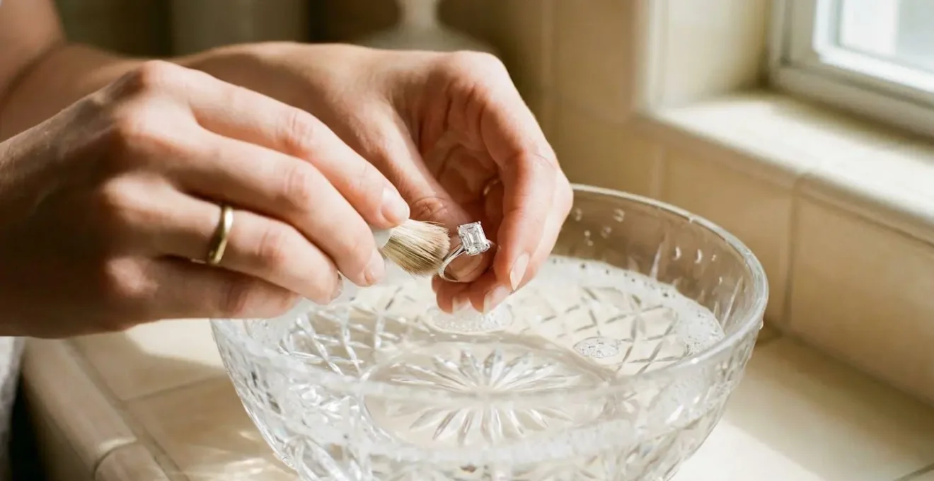 Mains délicates nettoyant un solitaire diamant avec brosse douce dans solution savonneuse