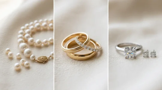 Collection élégante de bijoux d'anniversaire de mariage avec bagues dorées, perles et diamants, arrangement sophistiqué sur surface luxueuse