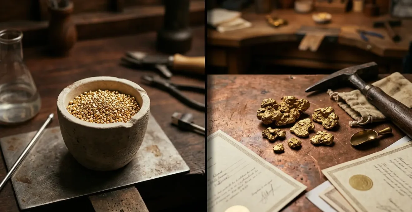 Comparaison visuelle entre or recyclé et or Fairmined dans un atelier de bijouterie éthique