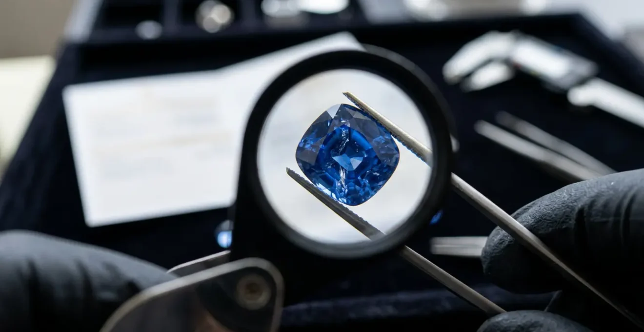 Vue macro d'un gemmologue examinant une pierre précieuse colorée avec une loupe professionnelle, lumière naturelle révélant les inclusions internes