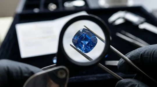 Vue macro d'un gemmologue examinant une pierre précieuse colorée avec une loupe professionnelle, lumière naturelle révélant les inclusions internes